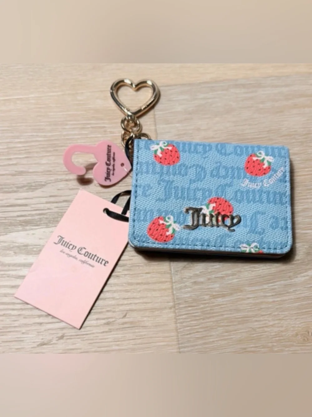 Juicy Couture Light Blue Strawberry Card Wallet with Heart Keyring